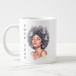 Afro Beauty with Butterflies – Watercolor Portrait Large Coffee Mug