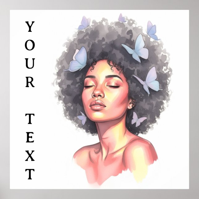 Afro Beauty with Butterflies – Watercolor Portrait Poster (Front)