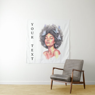 Afro Beauty with Butterflies – Watercolor Portrait Tapestry