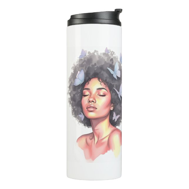 Afro Beauty with Butterflies – Watercolor Portrait Thermal Tumbler (Rotated Left)