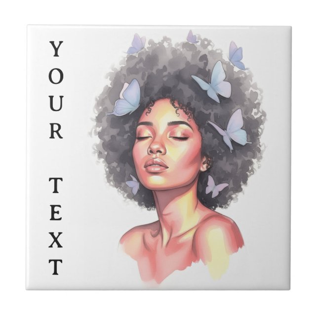 Afro Beauty with Butterflies – Watercolor Portrait Tile (Front)