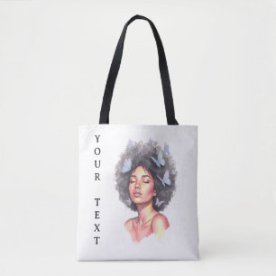 Afro Beauty with Butterflies – Watercolor Portrait Tote Bag
