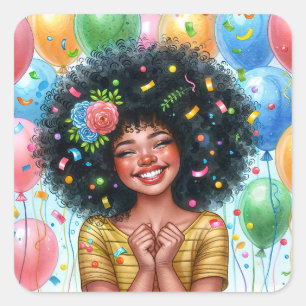 Afro Birthday Girl With Brown Skin Watercolor Square Sticker