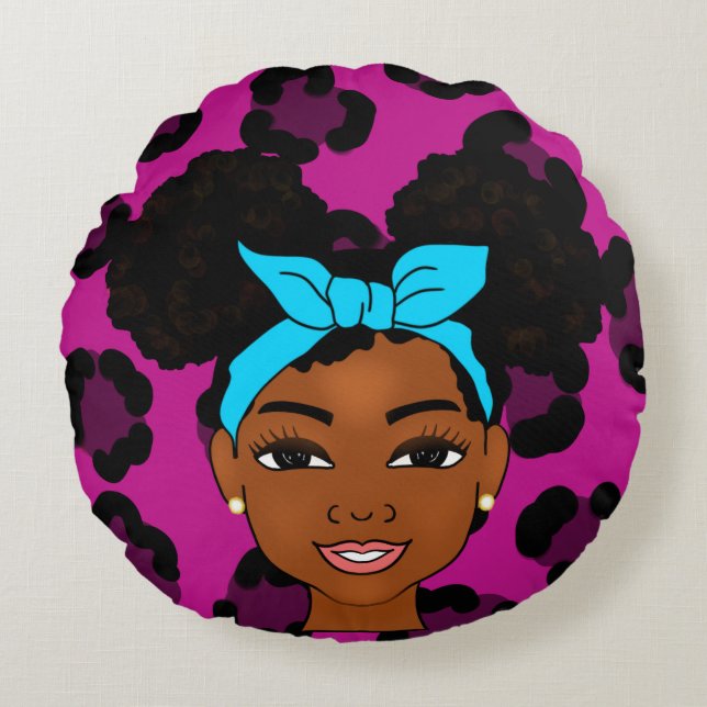 'Afro black girl puffs Round Cushion (Front)