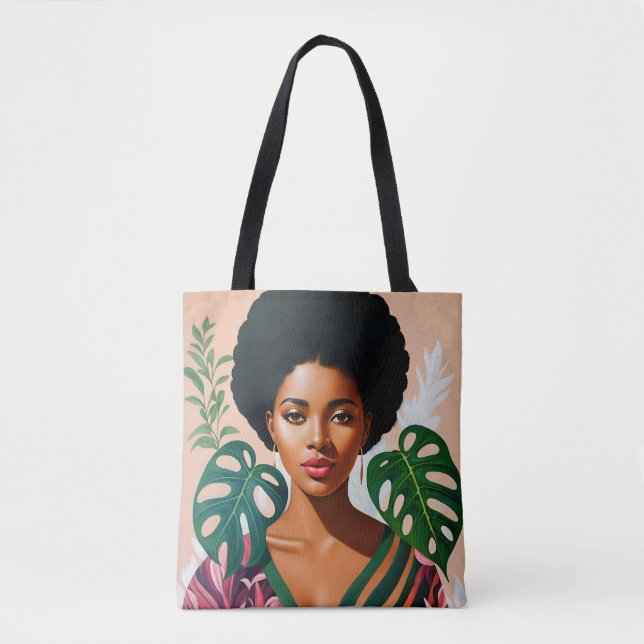 Afro Black Woman Monstera Deliciosa Botanical Tote Bag (Front)