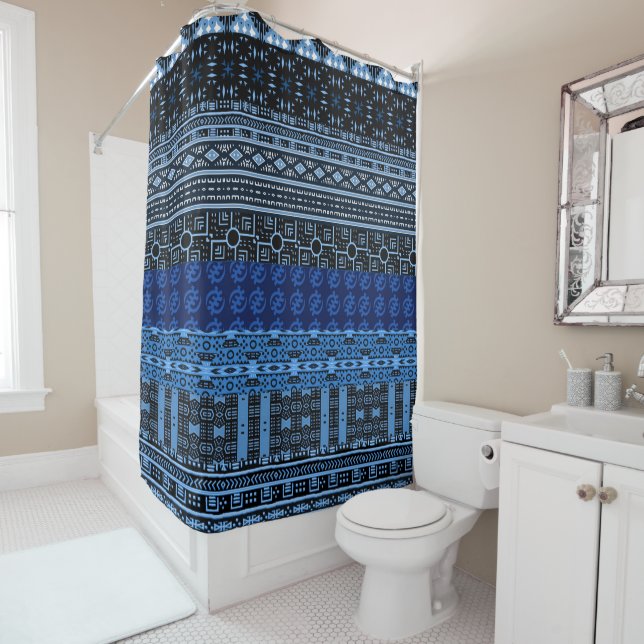 Afro Blue African Pattern Mix Shower Curtain (In Situ)