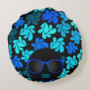 Afro Diva Blue  Round Cushion