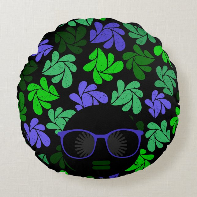 Afro Diva Green & Blue Round Cushion (Front)