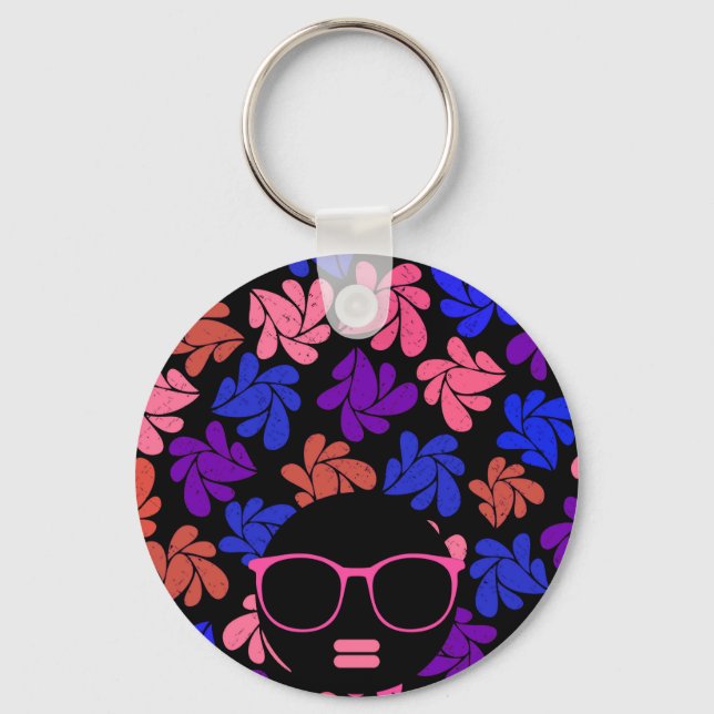 Afro Diva Pink Lavender Blue Key Ring (Front)