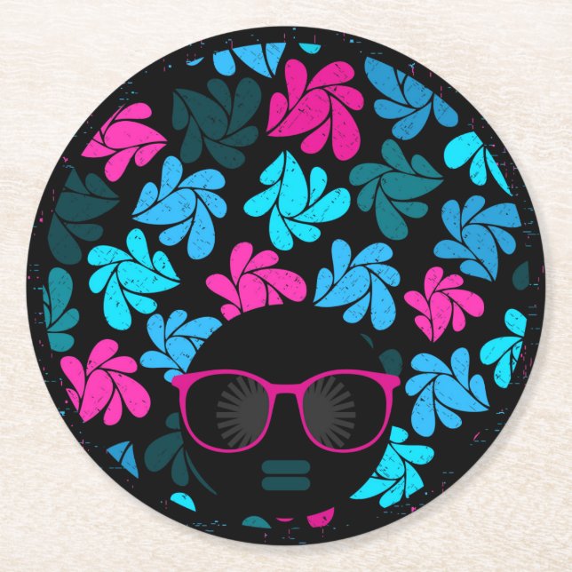 Afro Diva Turquoise & Hot Pink Round Paper Coaster (Front)