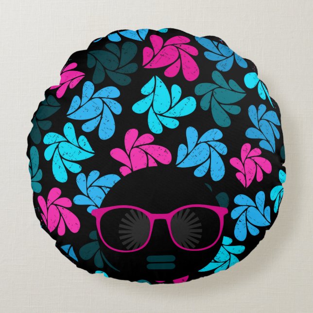 Afro Diva Turquoise & Hot Pink Round Pillow (Front)