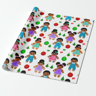 Afro Gingerbread Christmas Boy and Girl Kids Wrapping Paper