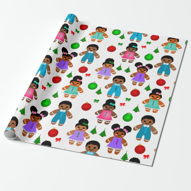 Afro Gingerbread Christmas Boy and Girl Kids Wrapping Paper (Unrolled)