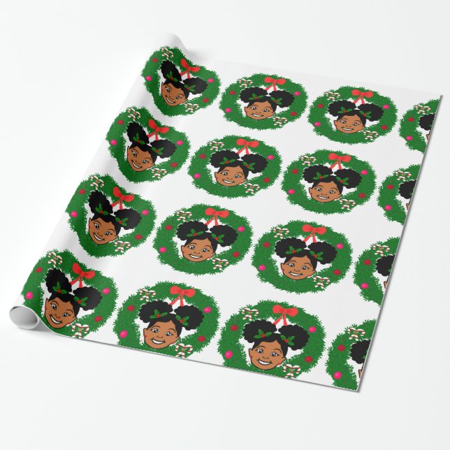 Afro Girl Puffs Christmas Wrapping Paper Gift Wrap (Unrolled)