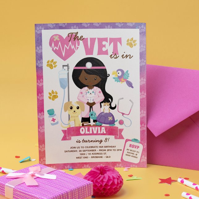 Afro Girl Vet Birthday Party Invitation (The cat is definitely out of the bag on this girl’s vet birthday invitation.)