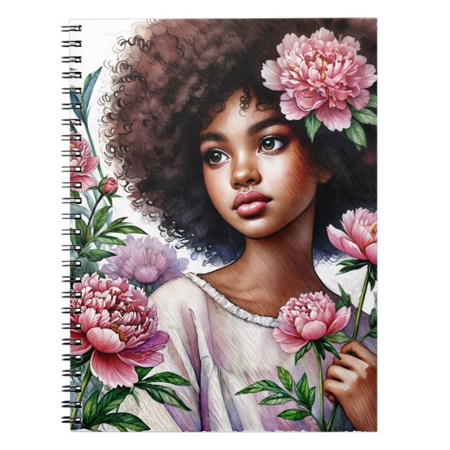Afro Girl With Peonies Watercolor Notebook (Front)