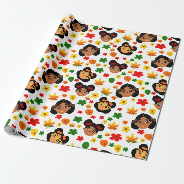 Afro Girls Fall Autumn Thankgiving Wrapping Paper (Unrolled)