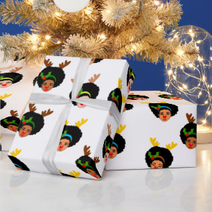 Afro Girls Santa Reindeer Christmas Red Nose Wrapping Paper