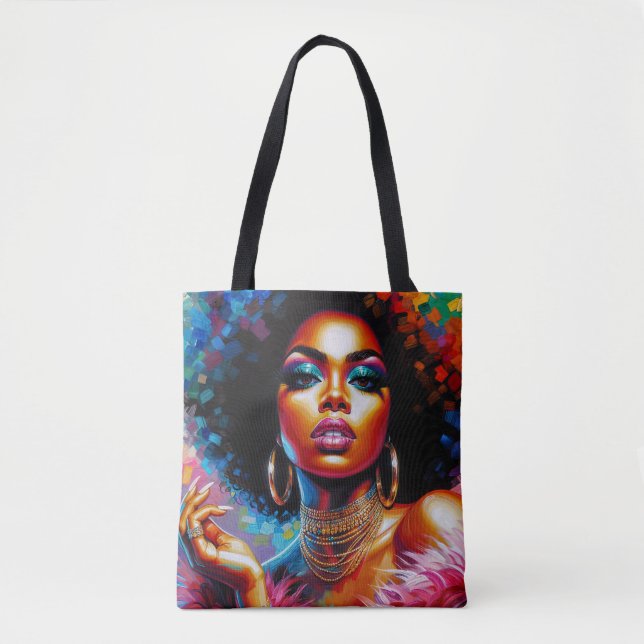 Afro Glam Tote Bag With 1970s Black Woman Pop Art (Front)