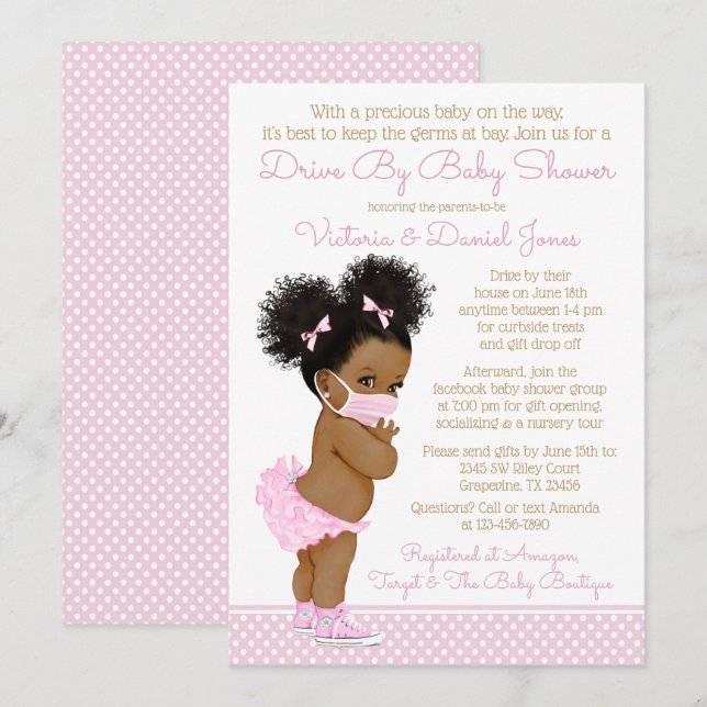 Afro Hair Baby Girl With Mask Drive By Baby Shower Invitation (Front/Back)