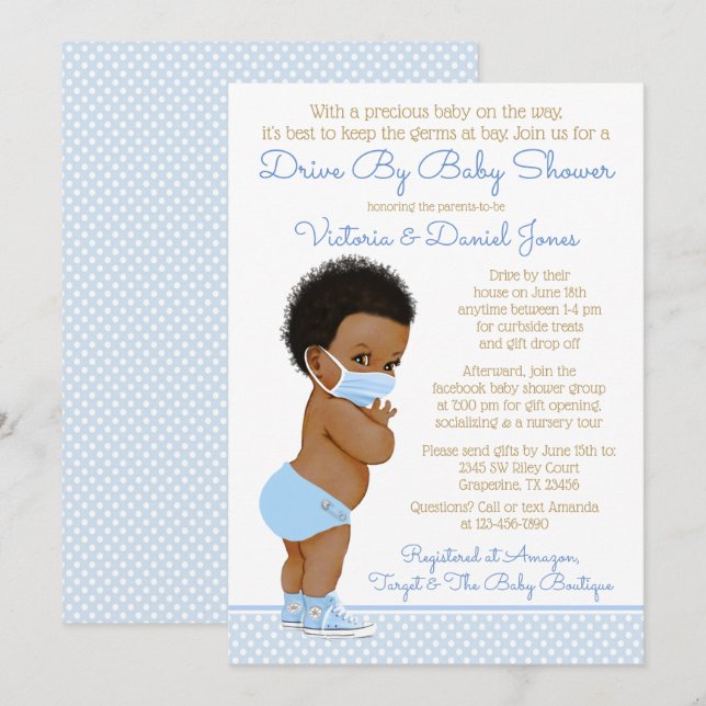 Afro Hair Boy With Mask Drive By Baby Shower Invitation (Front/Back)