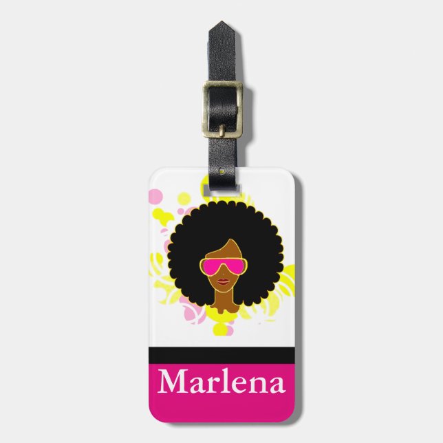Afro Hair Pink Sunglasses on Luggage Tag (Front Vertical)