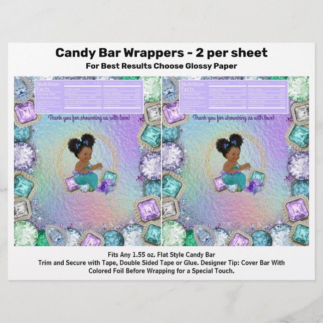 Afro Jewel Mermaid Baby Shower Candy Bar Wrappers (Front)