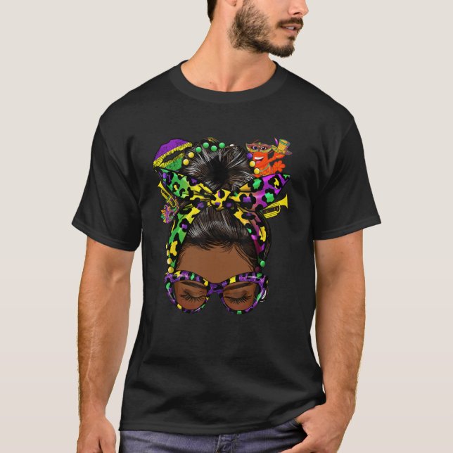 Afro Messy Bun Happy Mardi Gras Black Women Carniv T-Shirt (Front)