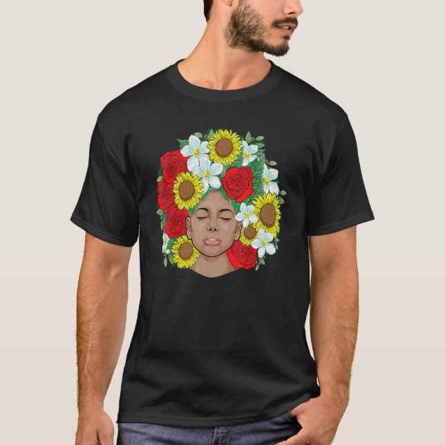 Afro Natural Black Hair Kind Pride Melanin Flowers T-Shirt (Front)