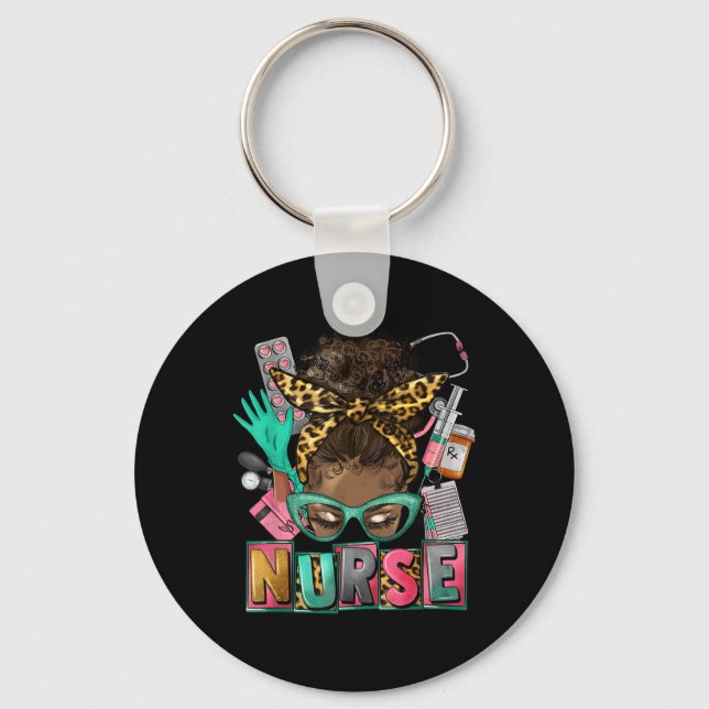 Afro Nurse Life Messy Bun Black African American N Key Ring (Front)