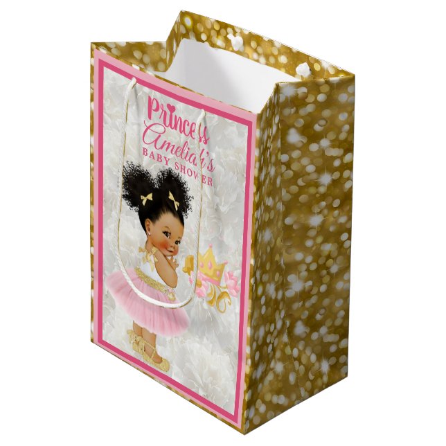 Afro Princess Ballerina Baby Girl Pink|Gold Fancy Medium Gift Bag (Front Angled)