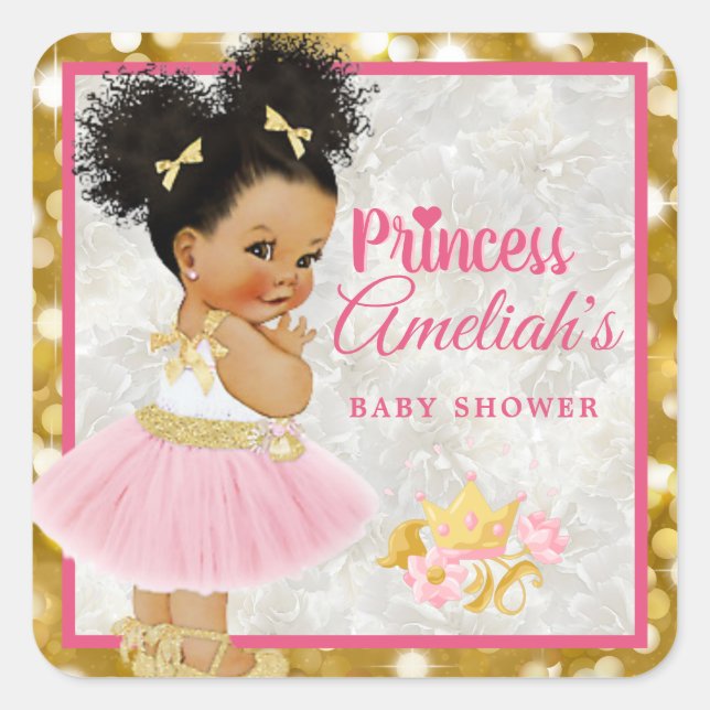 Afro Princess Ballerina Baby Girl Pink|Gold Fancy Square Sticker (Front)
