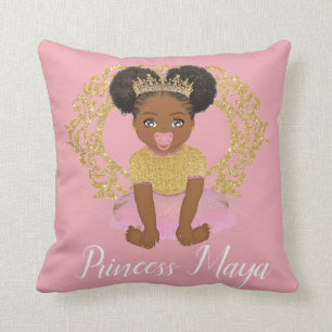 Afro Princess girl with tutu and gold crown Throw Cushion