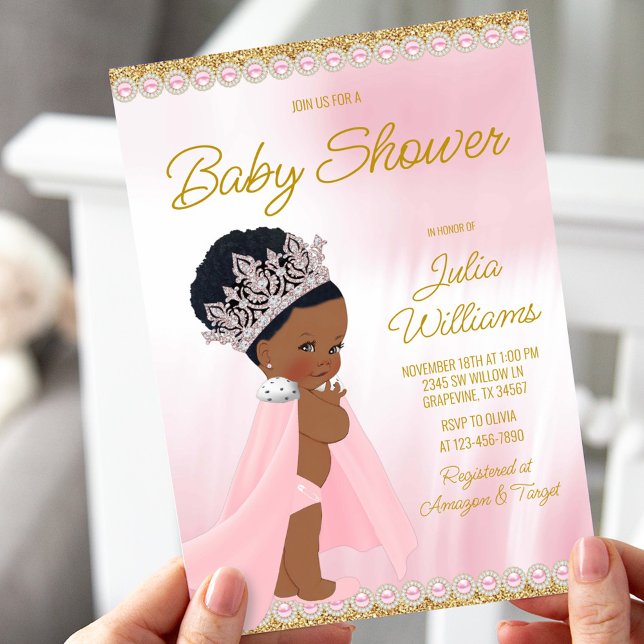 Afro Princess Pink Gold Baby Shower  Invitation (Creator Uploaded)