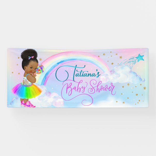 Afro Puff Baby Girl Pastel Rainbow Baby Shower Banner (Horizontal)