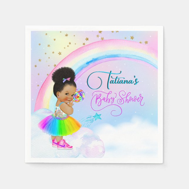 Afro Puff Baby Girl Pastel Rainbow Baby Shower Napkin (Front)