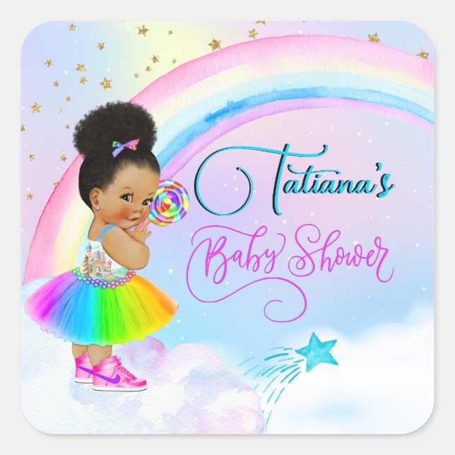 Afro Puff Baby Girl Pastel Rainbow Baby Shower Square Sticker (Front)