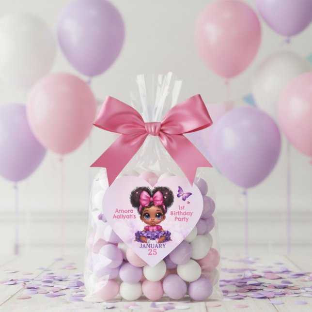 Afro Puff Baby Girl Pink/Purple Butterfly Birthday Heart Sticker (The Sweet One 1st Birthday Heart Sticker featuring adorable Afro puff baby girl)