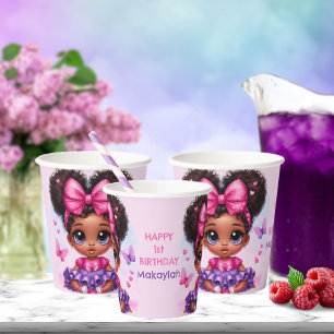 Afro Puff Baby Girl Pink/Purple Butterfly Birthday Paper Cups