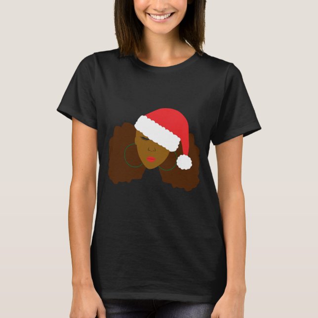 Afro Puff Girl Santa Hat Christmas T-Shirt (Front)