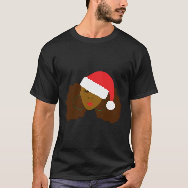 Afro Puff Girl Santa Hat Natural Hair Christmas T-Shirt (Front)