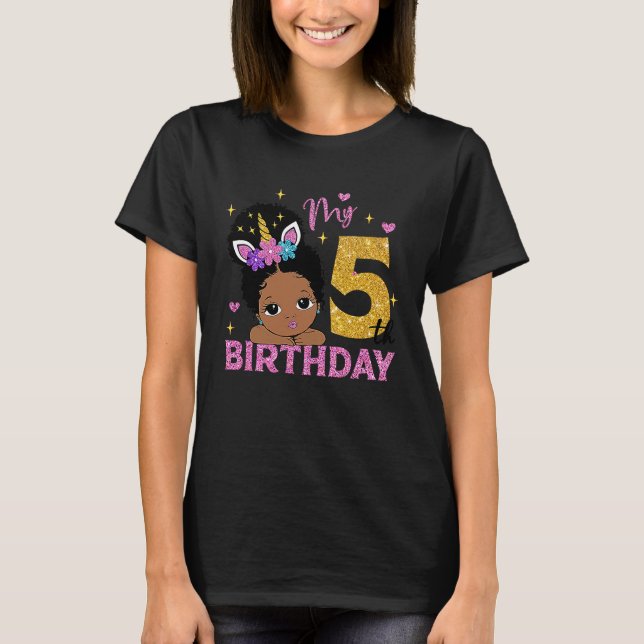 Afro Puff Hair Princess Cute Peekaboo My 5th Birth T-Shirt (Front)