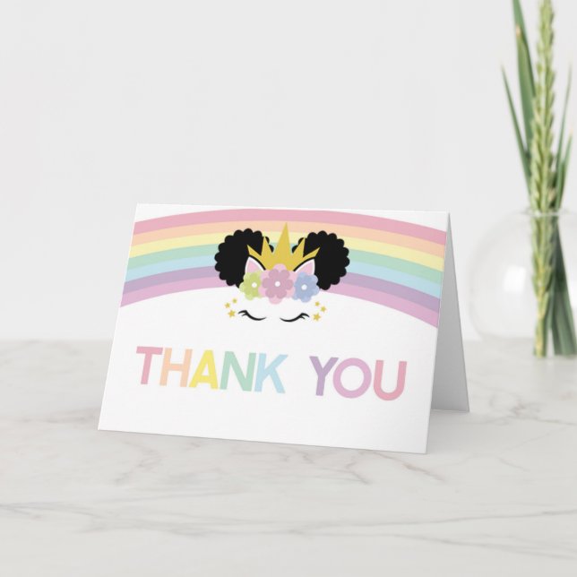 Afro Puff Unicorn and Rainbows Gold Glitter Stars Thank You Card (Front)
