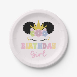 Afro Puff Unicorn Birthday Girl Paper Plate