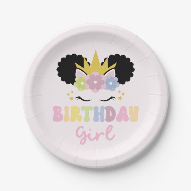Afro Puff Unicorn Birthday Girl Paper Plate (Front)