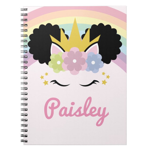 Afro Puff Unicorn Curly Hair Custom Name Notebook (Front)