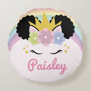 Afro Puff Unicorn Curly Hair Custom Name Round Cushion