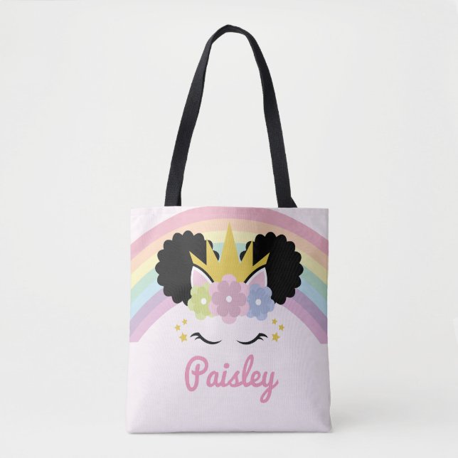 Afro Puff Unicorn Curly Hair Custom Name Tote Bag (Front)