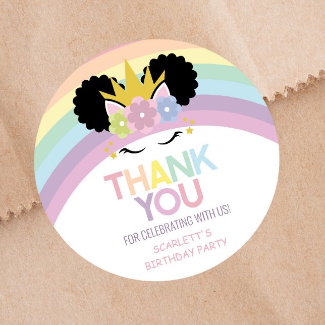 Afro Puff Unicorn Rainbows Birthday Party Favor Classic Round Sticker (Creator Uploaded)