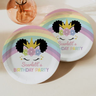 Afro Puff Unicorn Rainbows Birthday Party Paper Plate